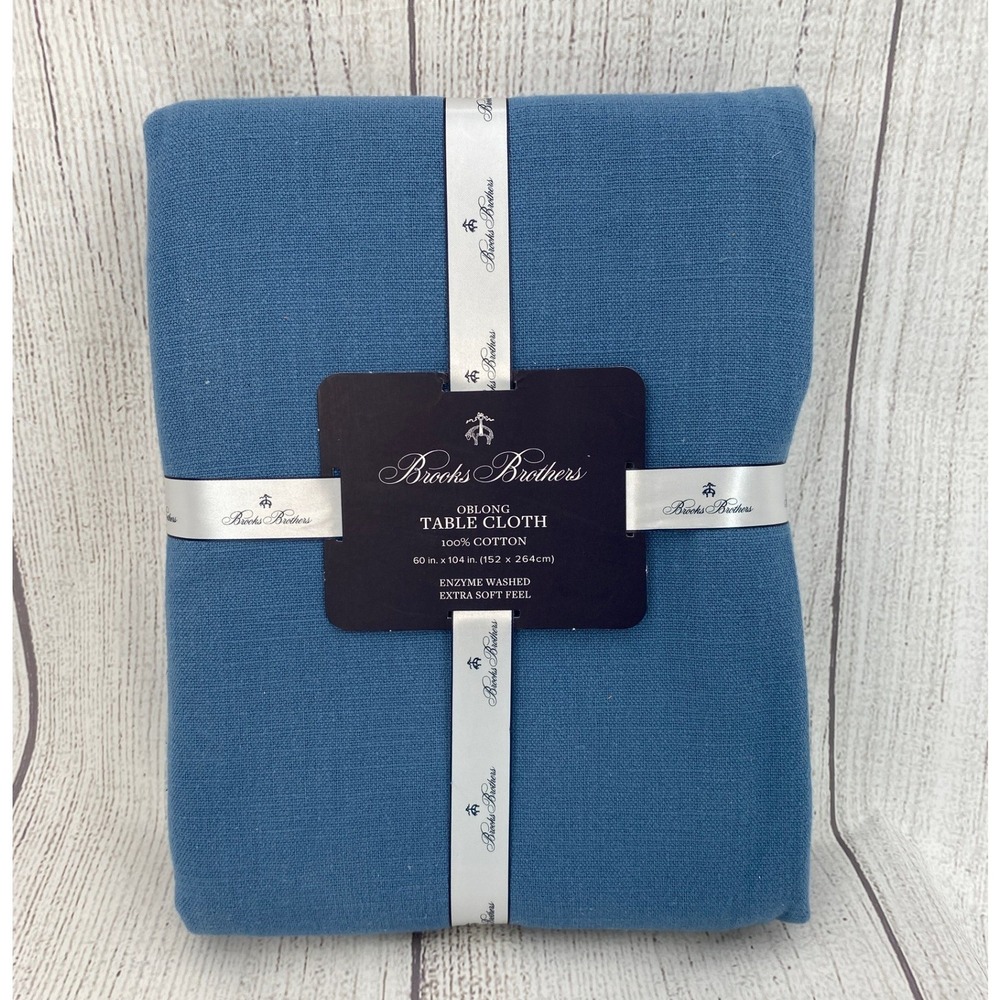 Brooks Brothers Tablecloth 60x104 Blue 100% Cotton Enzyme Washed Soft Oblong